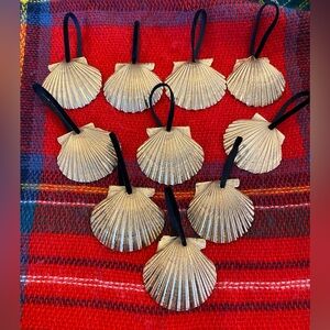 Lot of 10 Gold Shell Ornaments with Black Velvet Ribbon